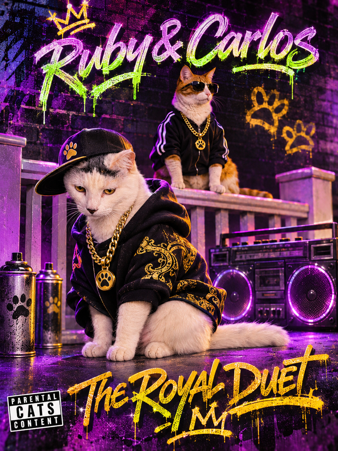 Playful fictional hip-hop album cover featuring Ruby and Carlos in streetwear, titled The Royal Duet