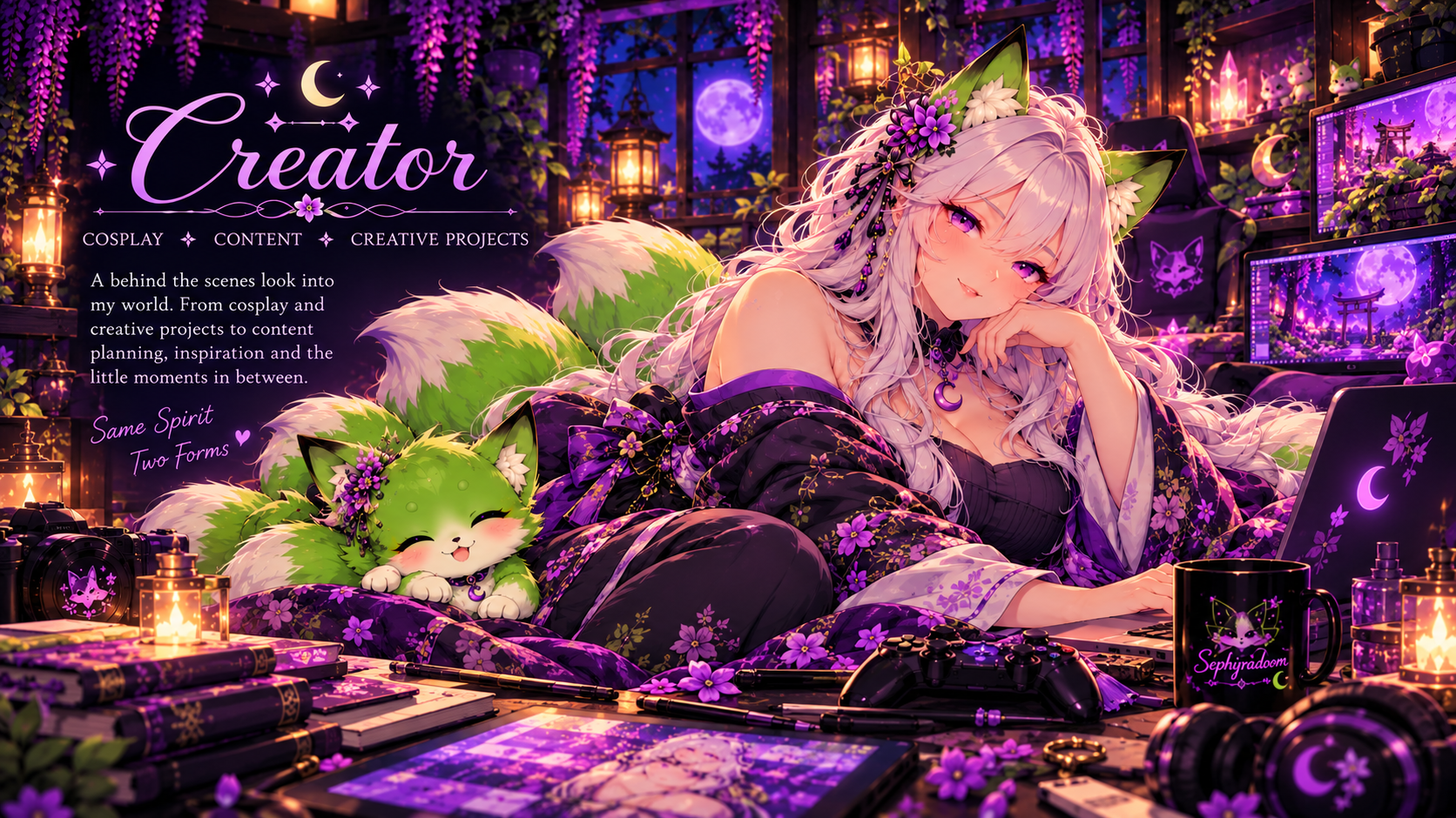 SephyraDoom in a cozy floral kimono in her moonlit creator studio with a sleepy lime-green fox companion