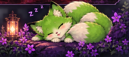 Sleepy lime-green three-tailed fox resting by violet lanterns