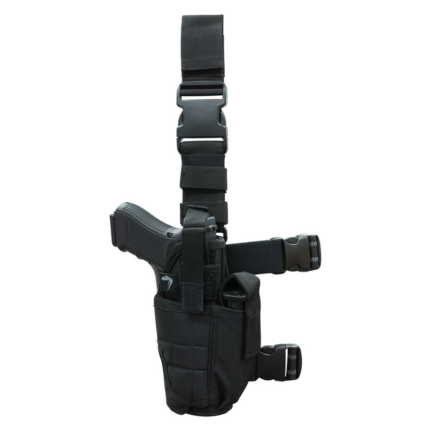 Black adjustable holster with an open-bottom design, fully customizable fit, and removable belt strap for versatile carry.