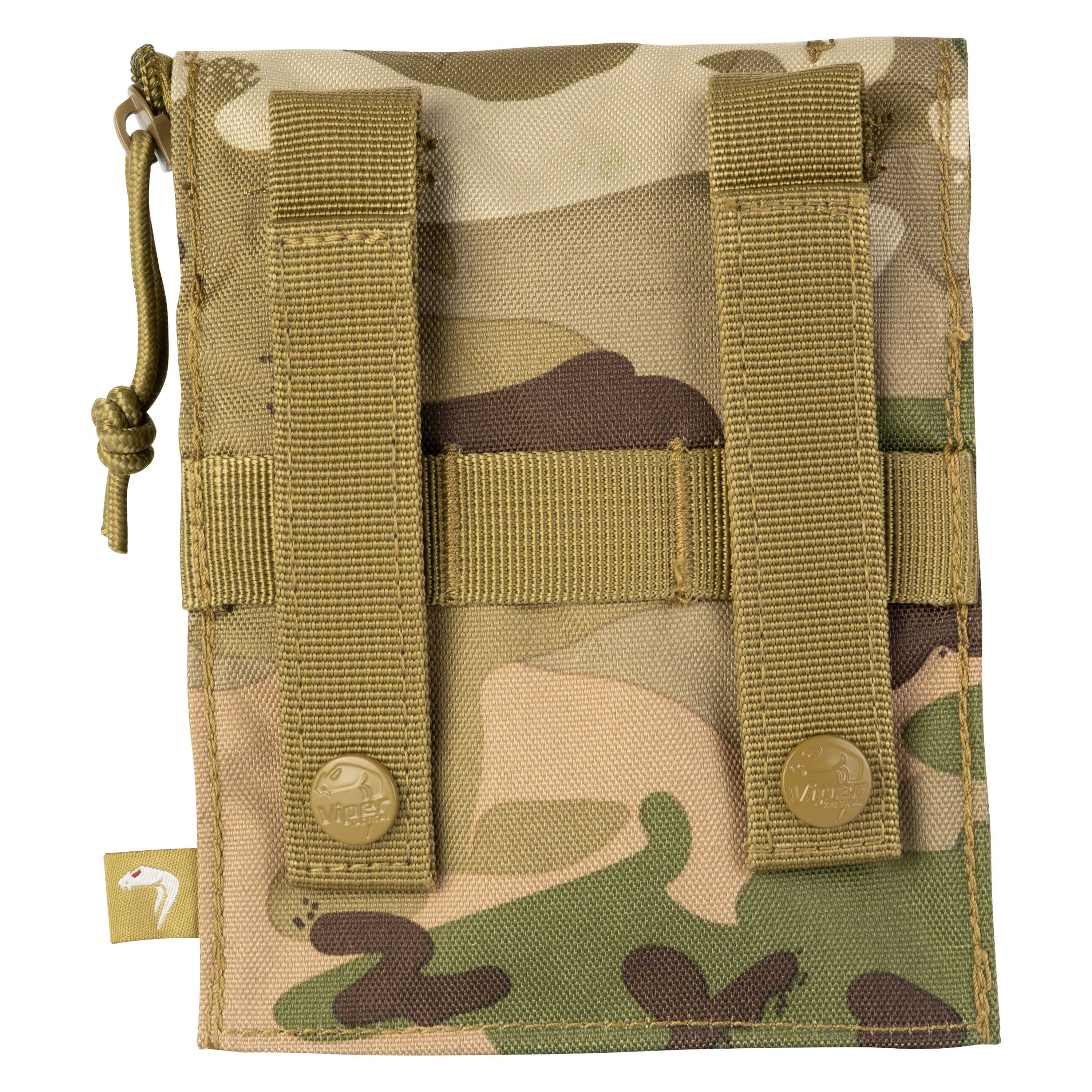 Back view of A6 camo notebook holder, featuring MOLLE attachments for versatile carrying and camouflage design.