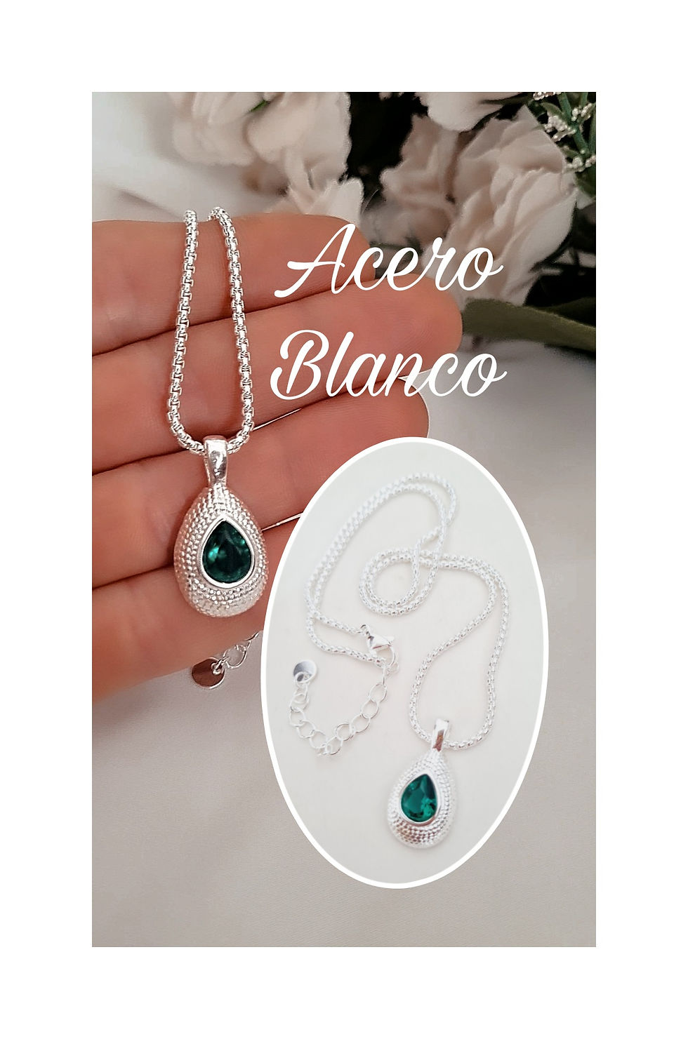Collar Acero Blanco dije Gota cubic verde 45cm