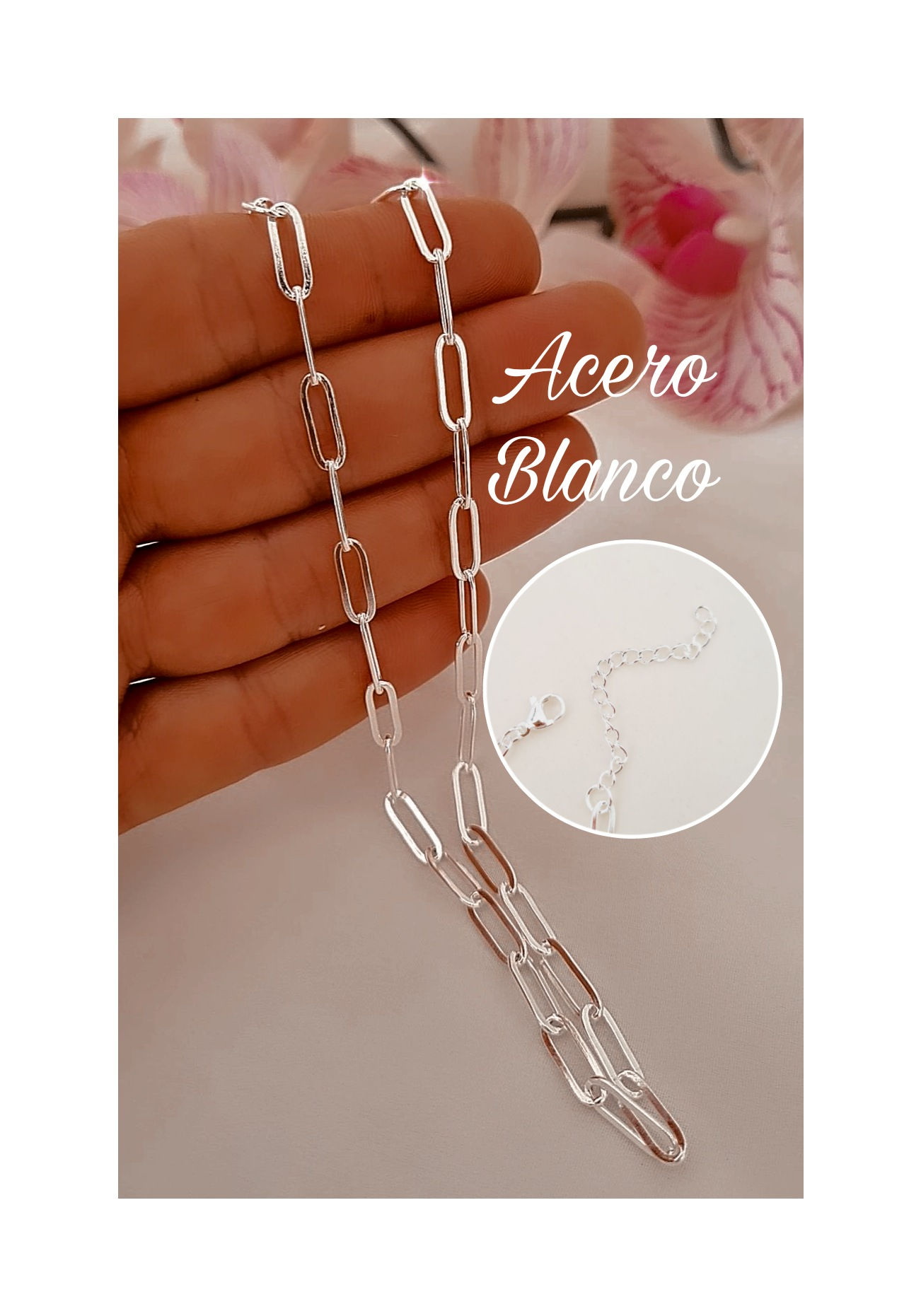 Collar gargantilla Acero Blanco Eslabones rectangulares cadena extesora 