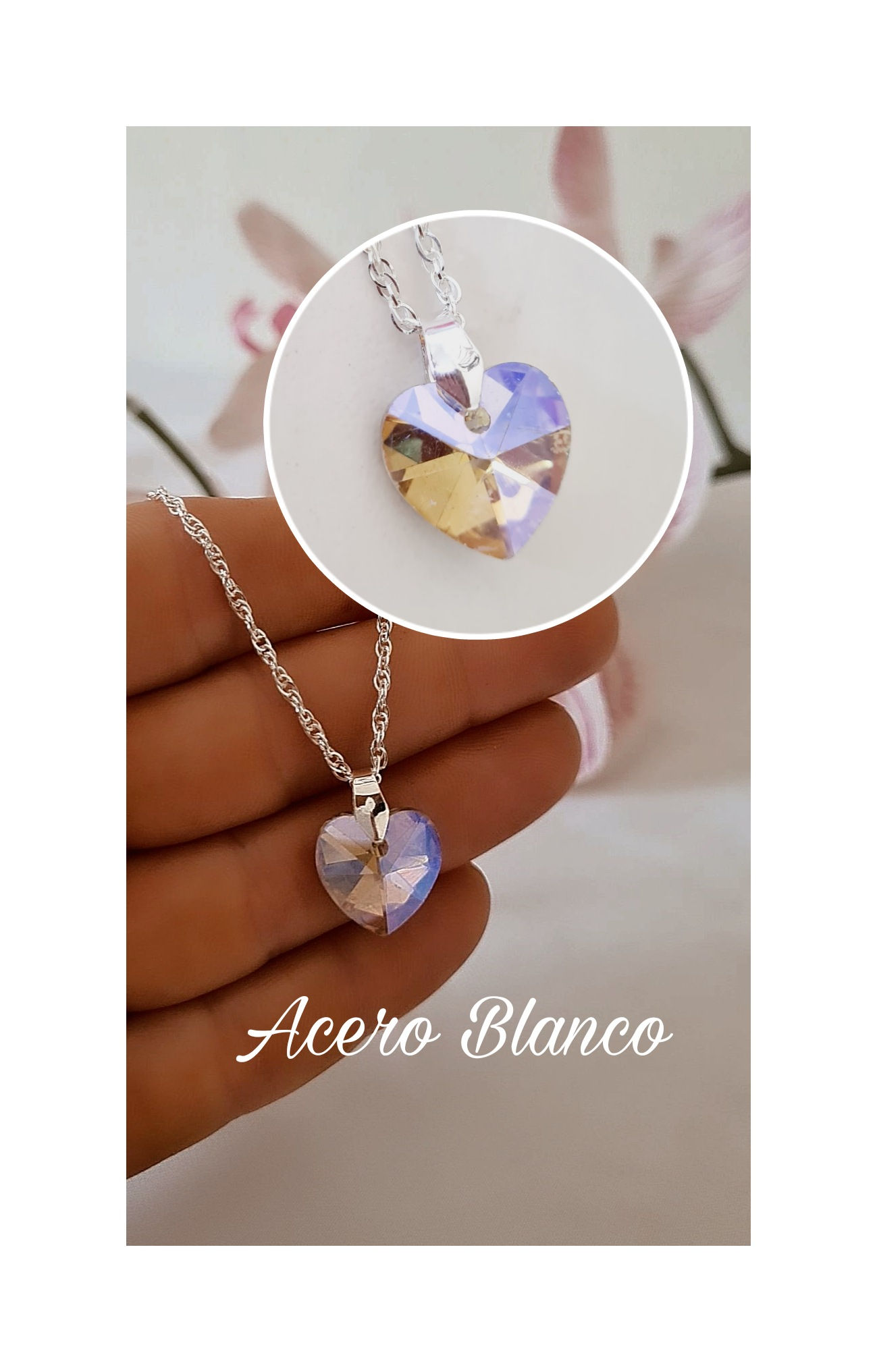 Dije Acero Blanco Corazón tornazol Símil Swarovski 