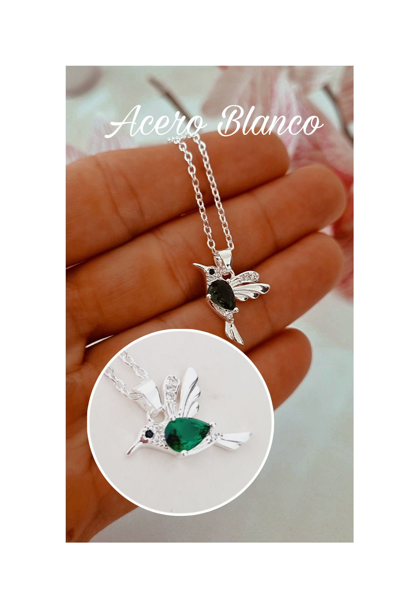 Dije Acero Blanco premium Colibrí cubic verde y micropave 13mm