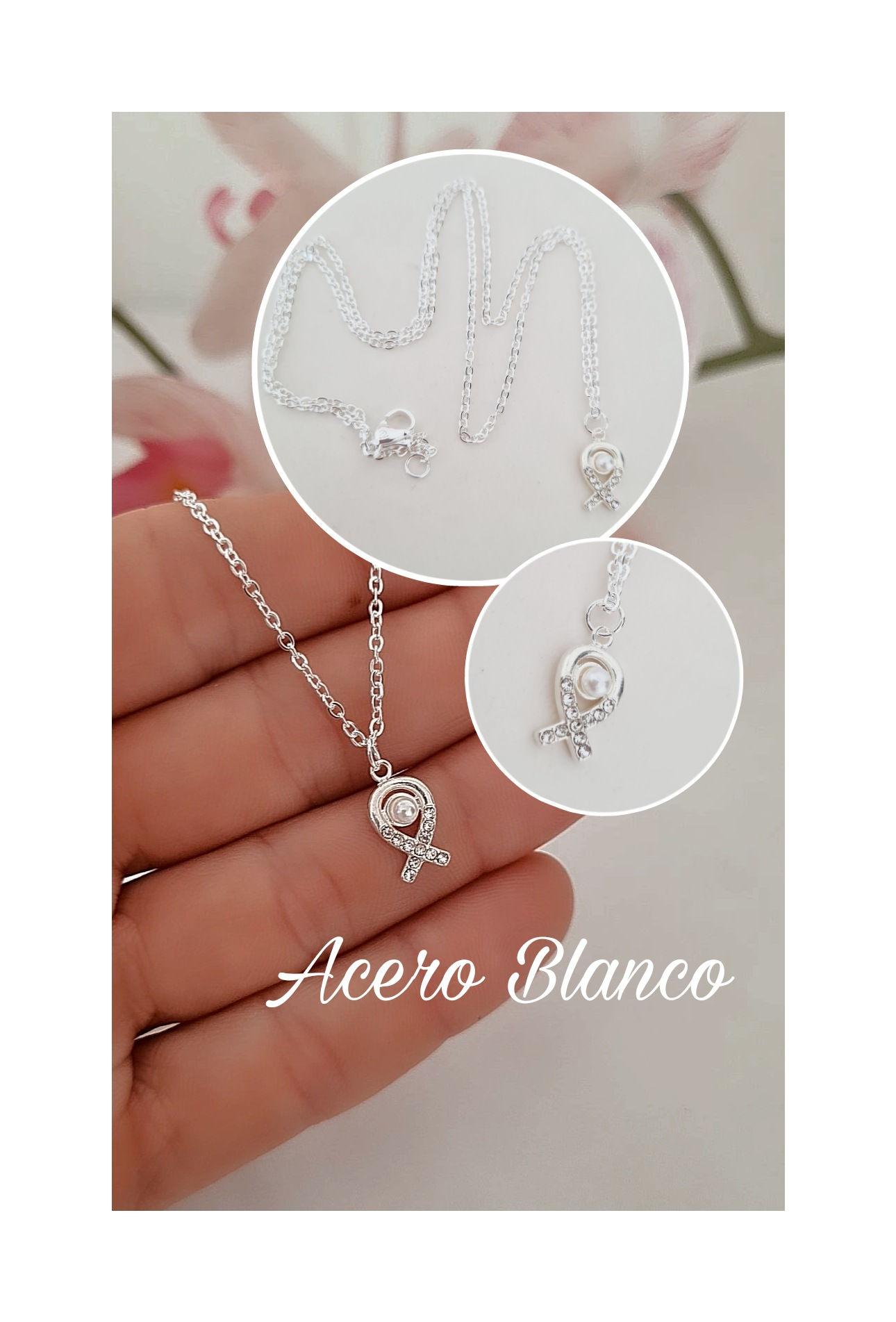 Collar Acero Blanco dije strass y Perla 