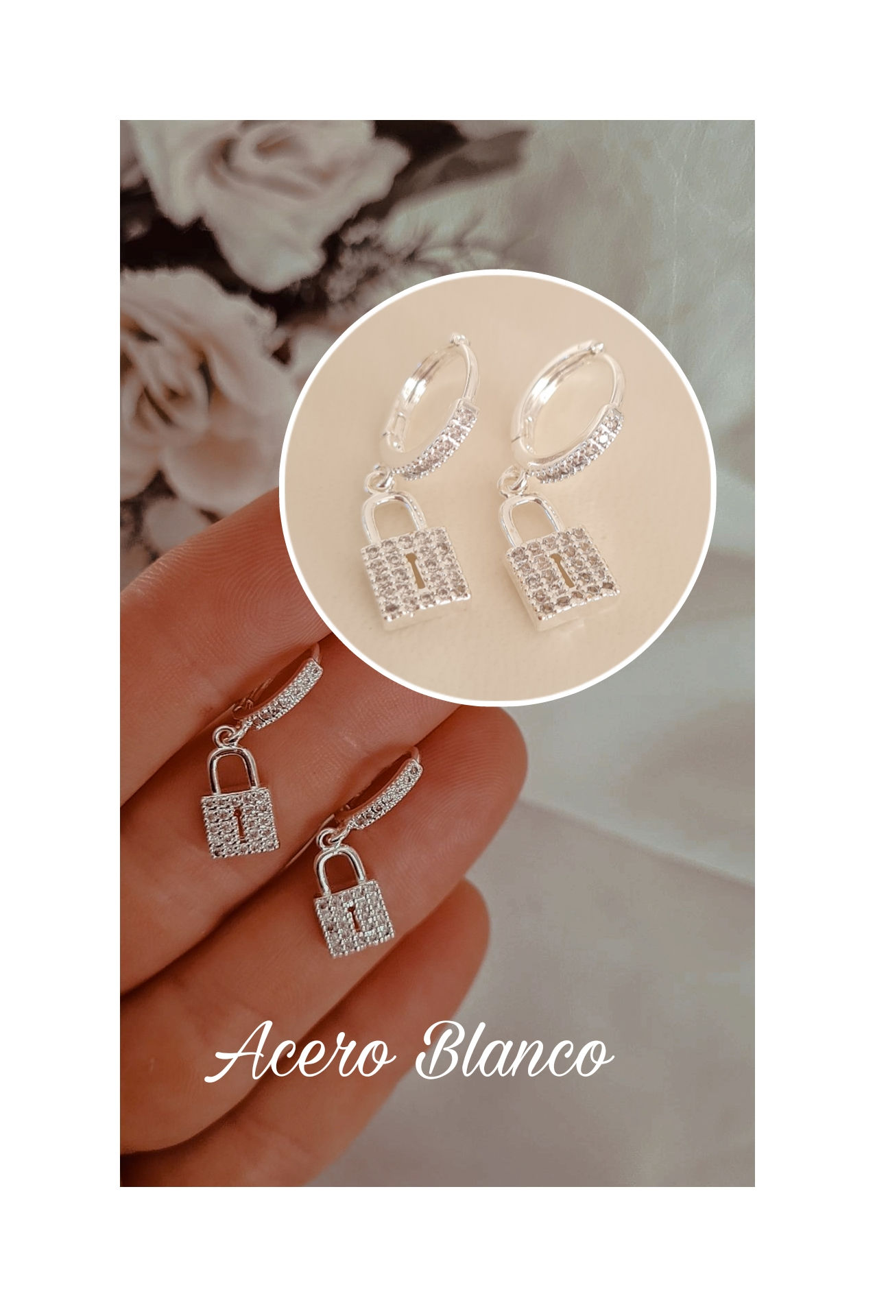 Argollita Cubana Acero Blanco micropave con  dije Candado micropave 