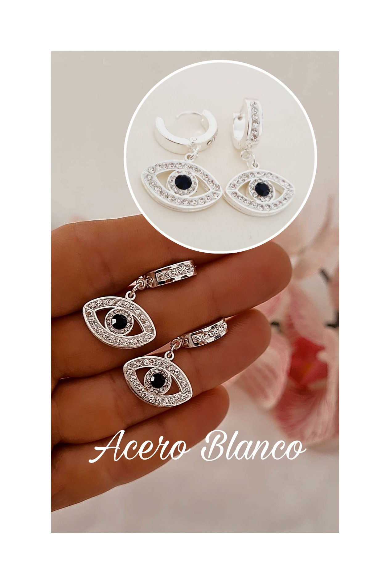 Argolla Cubana Acero Blanco 1.4cm con Strass + Dije Ojo strass