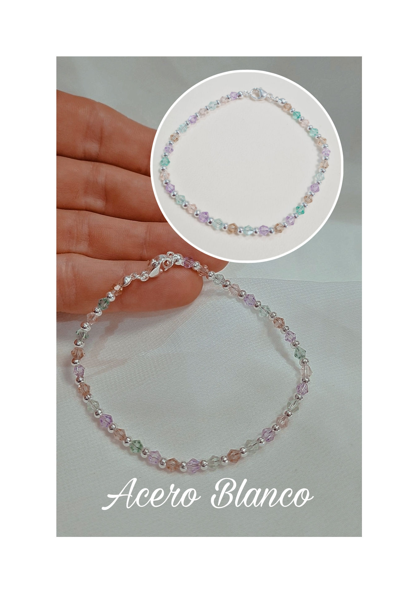 Pulsera Acero Blanco Cristales pasteles 