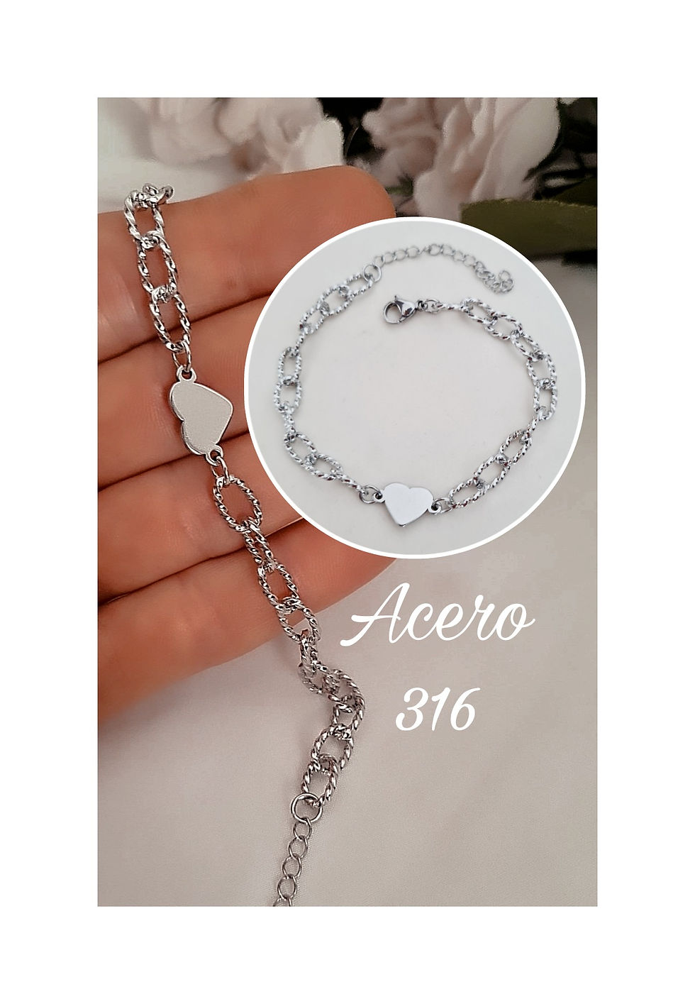 Pulsera Acero tramada con dije Corazón 