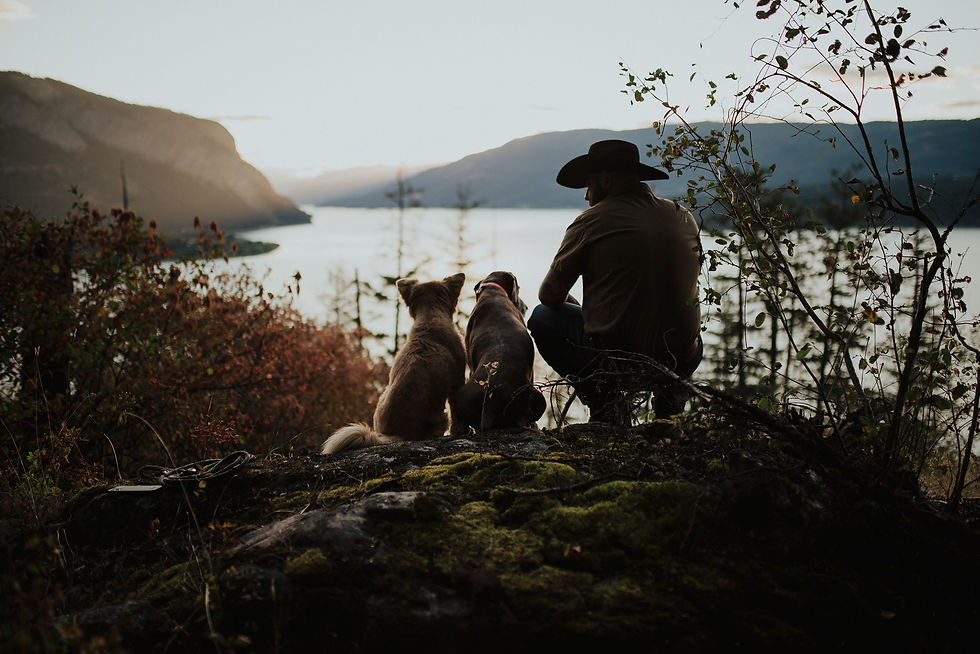 Cowboy-hatted man sits with two dogs on a mossy ridge, overlooking Shuswap Lake and Bastion Mountain at sunrise by Salmon Arm Photographer