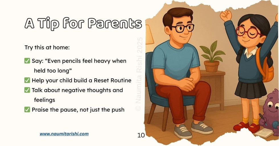 Sara’s father sits on a chair while Sara stands happily with her arms raised, next to tips for parents on using the pencil example and helping children build a reset routine.