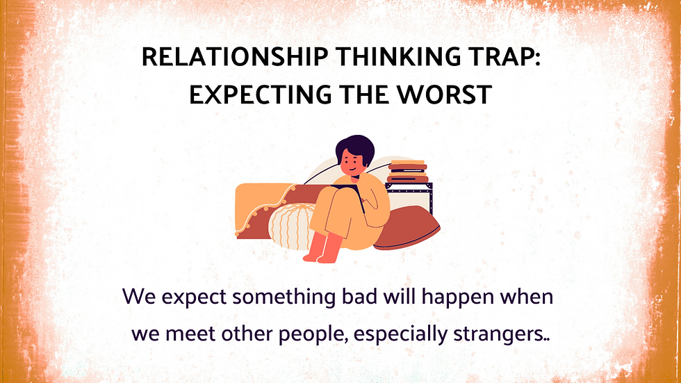 Illustration of a person sitting anxiously on a cushion, representing the relationship thinking trap of expecting the worst from others