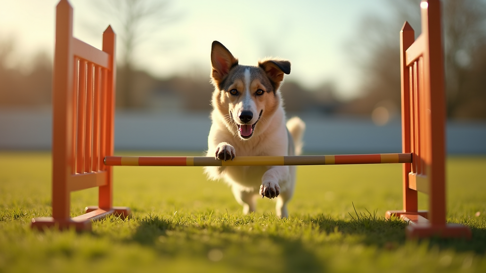 Eye-level view of a dog jumping over a brightly colored agility hurdle