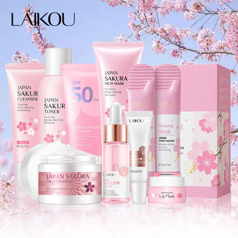 9pcs Facial Products Kit Sakura Skin Care Set Facial Cleanser Face Cream Sunscre