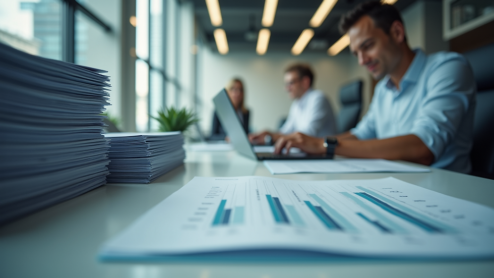 Wide angle view of a sleek office space with organized financial records