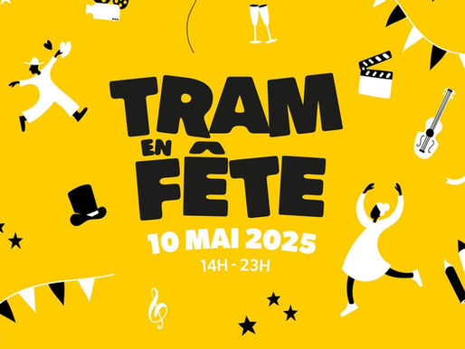 personnages dansant sur fond jaune pour la fête du tram