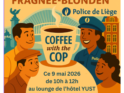 Affiche animée avec trois personnes et un policier autour d'une tasse de café. Texte: Coffee with the Cop, infos sur l'événement à Liège.