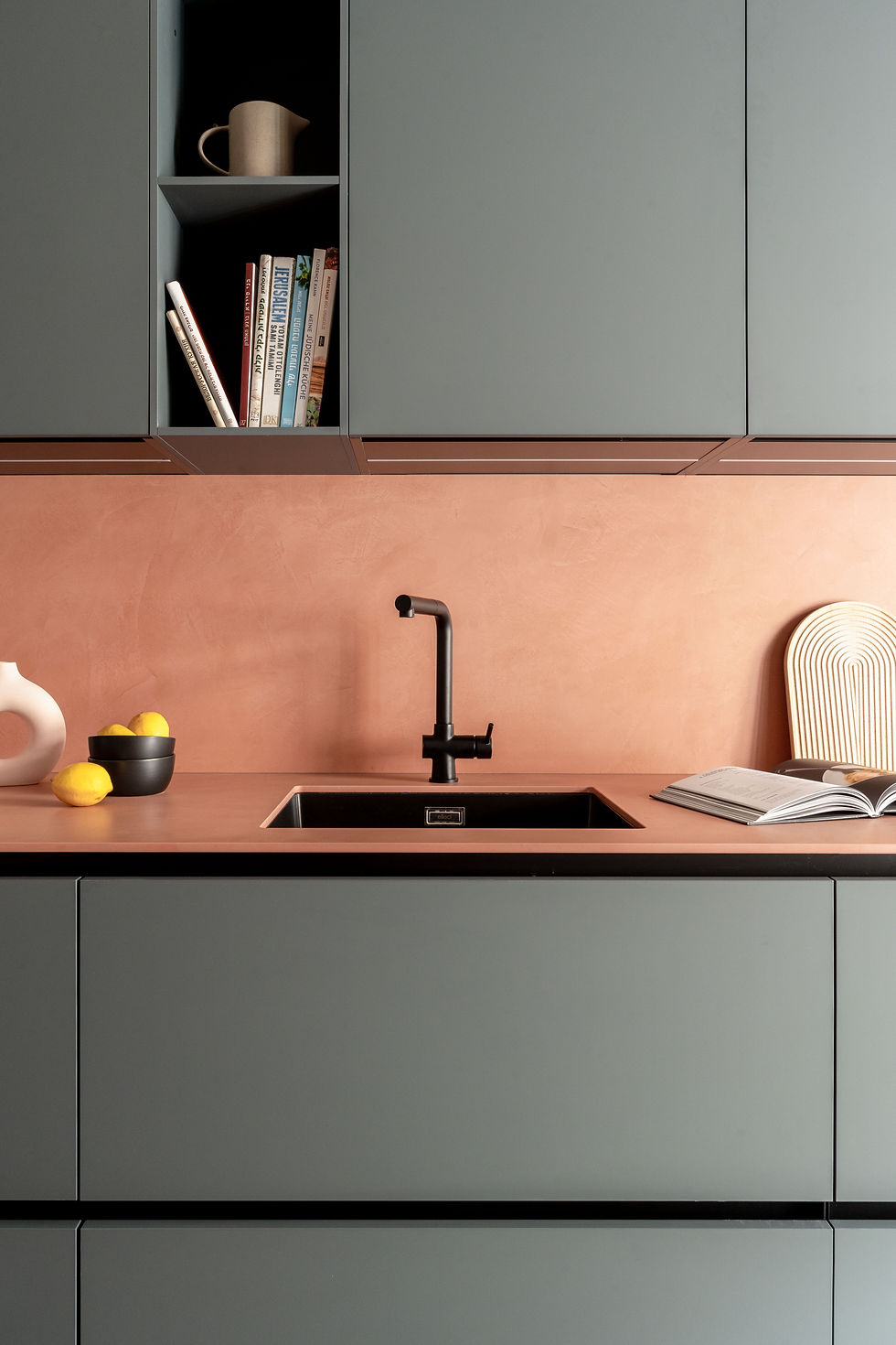 Green and terracotta kitchen