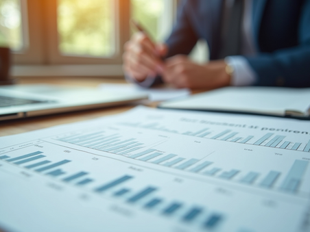 a page showing bar charts and a person holding a pen looking at them on a desk