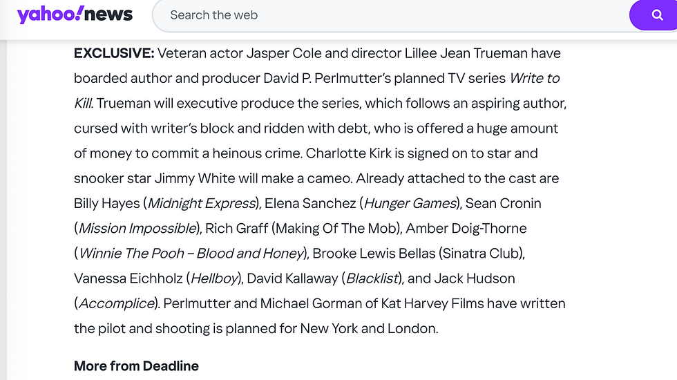 Lillee Jean Trueman Announcement in Deadline and YAHOO U.K. on 'Write To Kill'
