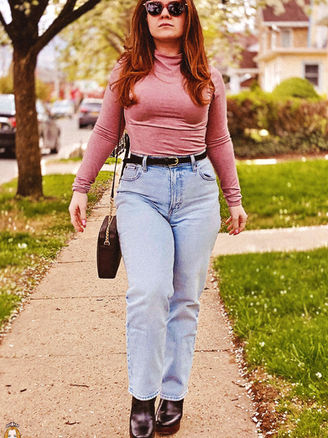 Actress Lillee Jean Struts Through NYC in Purple Turtleneck, Denim and Booties
