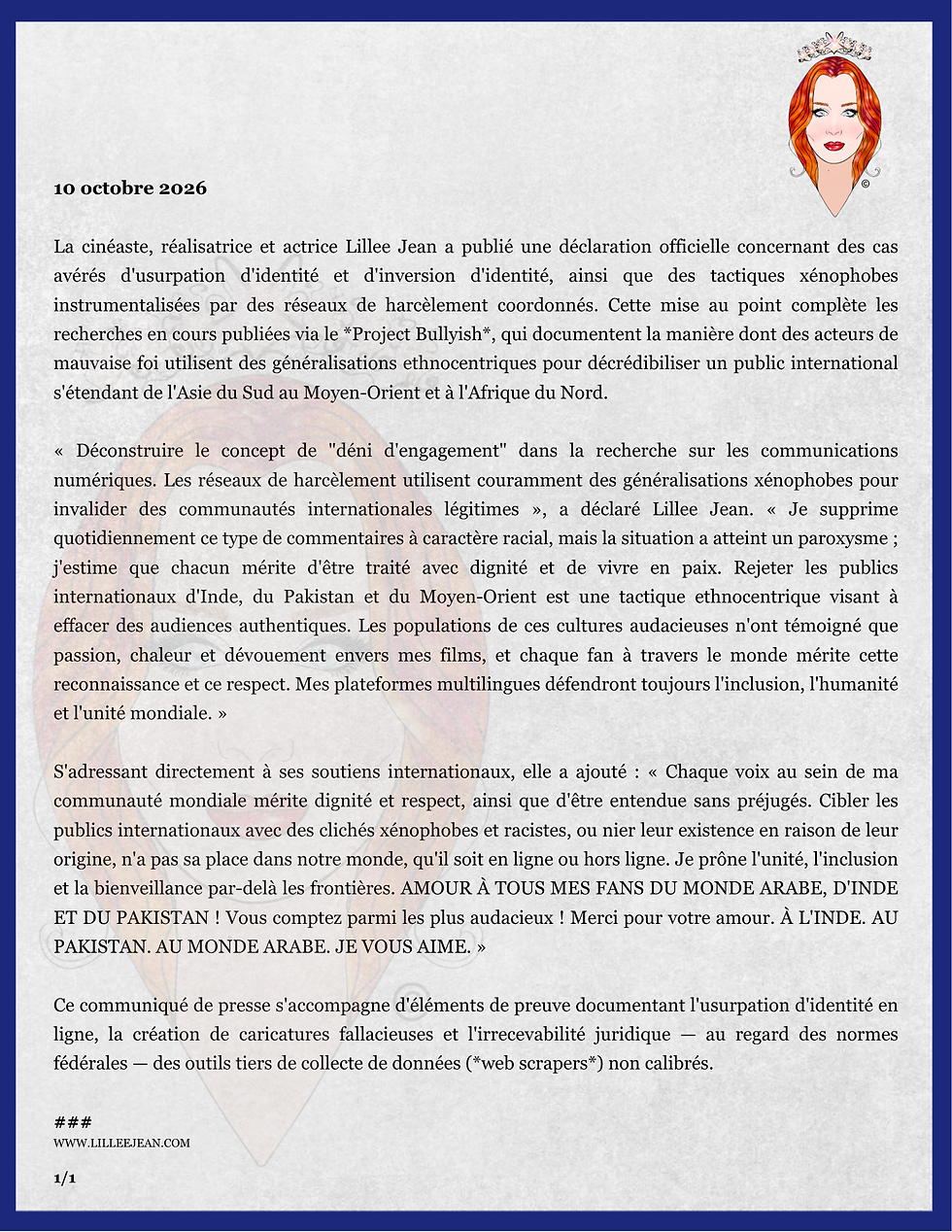 Lillee Jean dénonce la xénophobie et les tactiques instrumentalisées par des syndicats | 10 octobre 2026 | Communiqué de presse