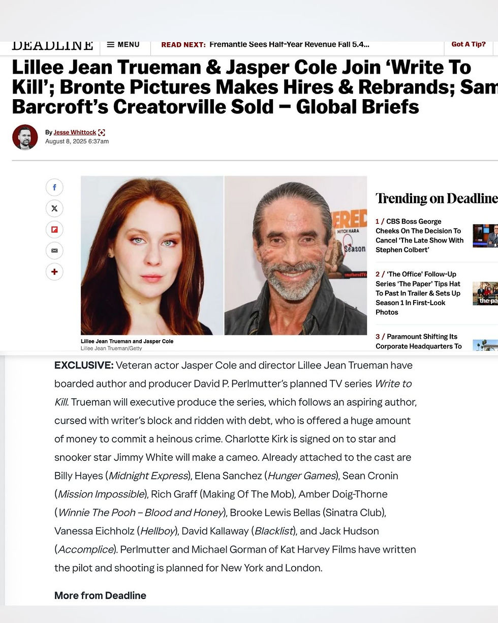 Lillee Jean Trueman Announcement in Deadline and YAHOO U.K. on 'Write To Kill'