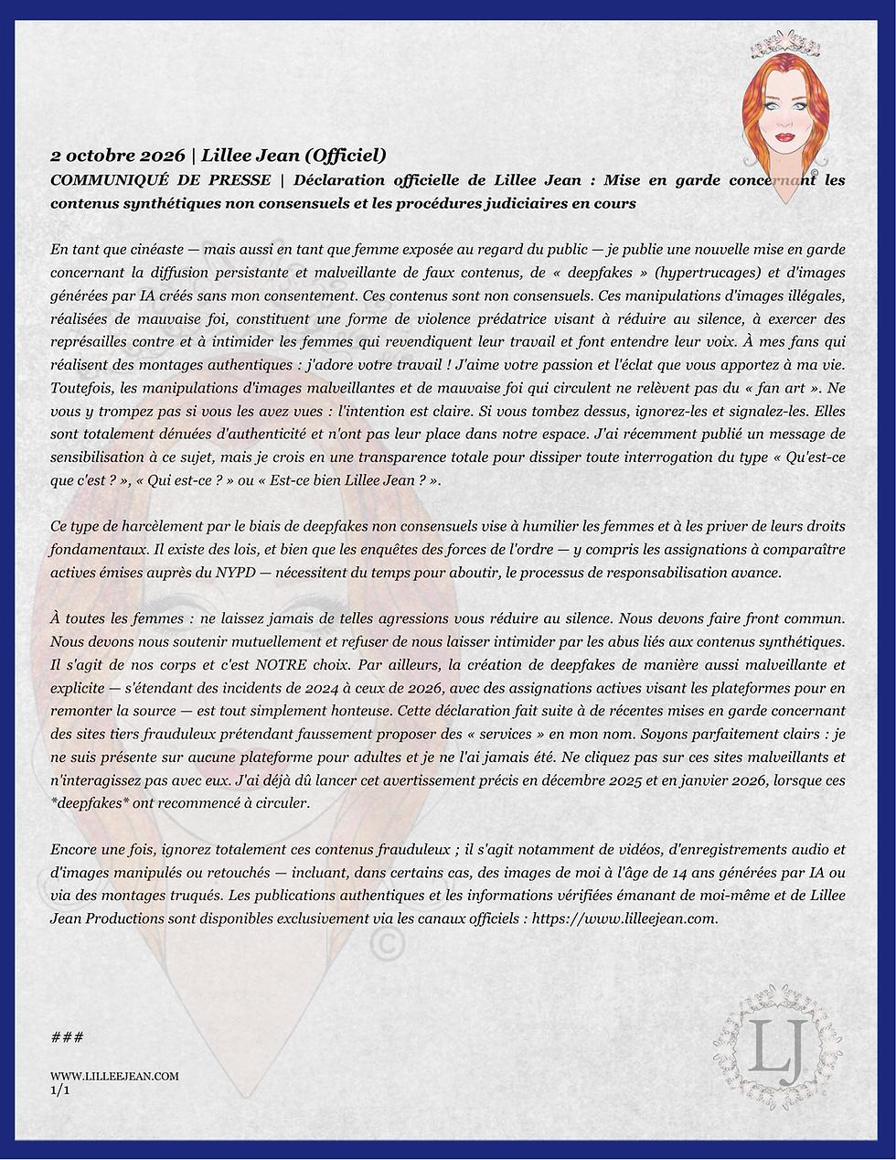 Lillee Jean concernant les deepfakes non consensuels | 2 octobre 2026 | Communiqué de presse