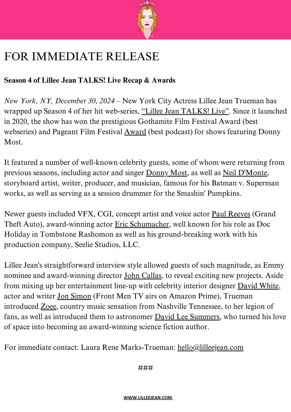 Season 4 of Lillee Jean TALKS! Live Recap & Awards - PRESS RELEASE