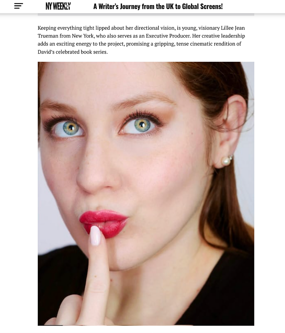A close-up screenshot of an NY Weekly Magazine article, showing actress Lillee Jean Trueman's face alongside text confirming her role as director and executive producer.