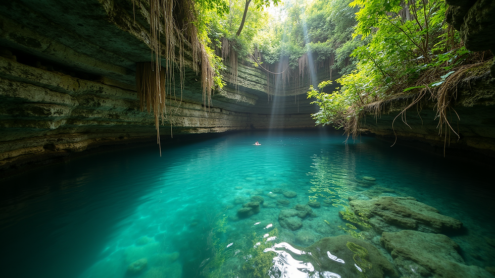 Eye-level view of a serene cenote surrounded by lush greenery