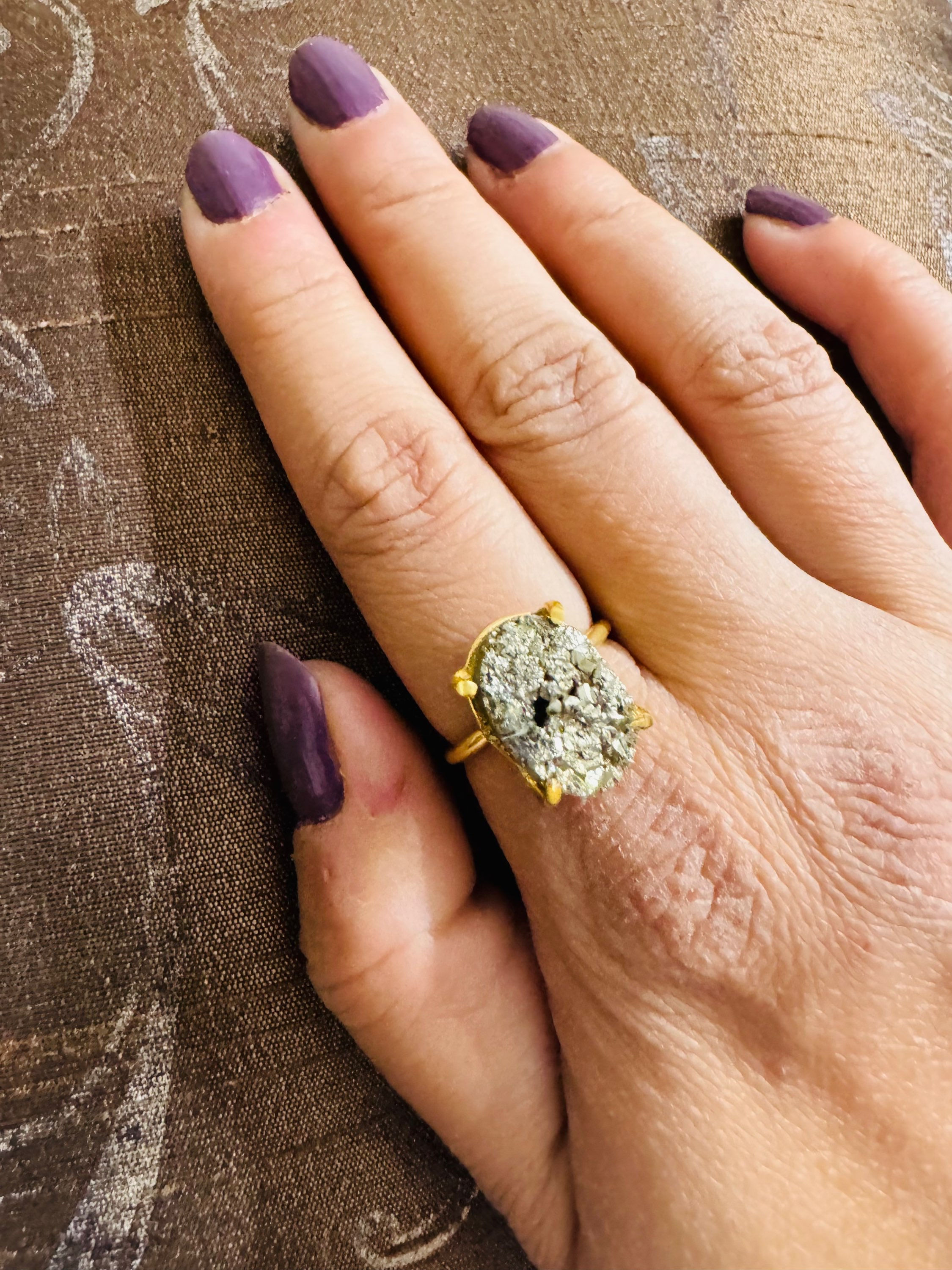 Pyrite Oval 18k Gold Plated Adjustable Ring