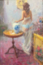 painting of girl standing next to a table