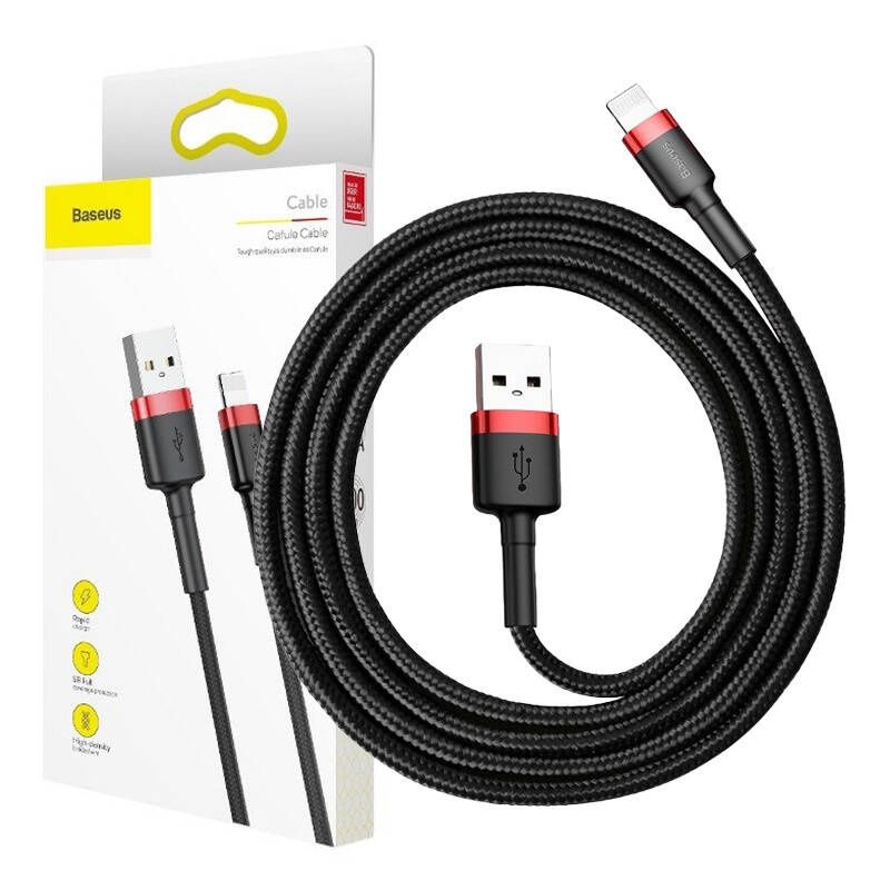 Miniatură: Cablu USB Lightning Baseus Cafule 1.5A 2m (negru/roșu)