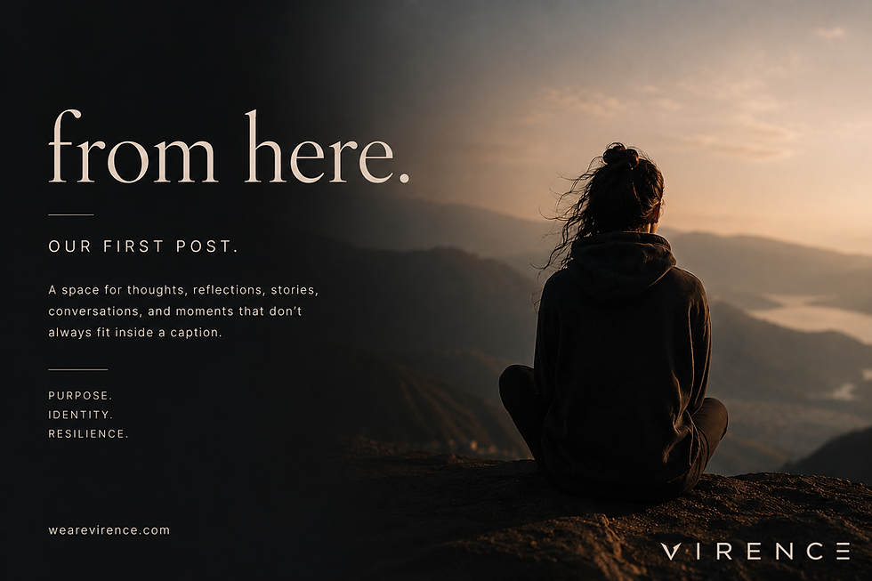 A cinematic editorial-style graphic featuring a solitary person sitting on the edge of a mountain overlook during sunset, facing a vast landscape of misty hills and warm golden light. The left side of the image fades into a dark black gradient with minimal typography reading “from here.” followed by “our first post.” and a short description about thoughts, reflections, stories, and conversations. The overall mood feels introspective, calm, emotional, and deeply reflective. At the bottom left, the website “wearevirence.com” appears in small minimalist text.