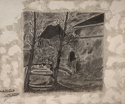 Schloss Neugebäude Brunnen (Öl auf Karton 50x40 cm)