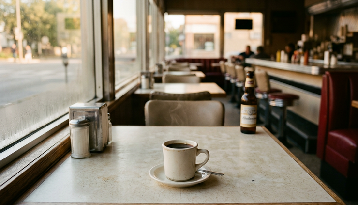Eye-level view of an empty diner table with a coffee cup in morning light