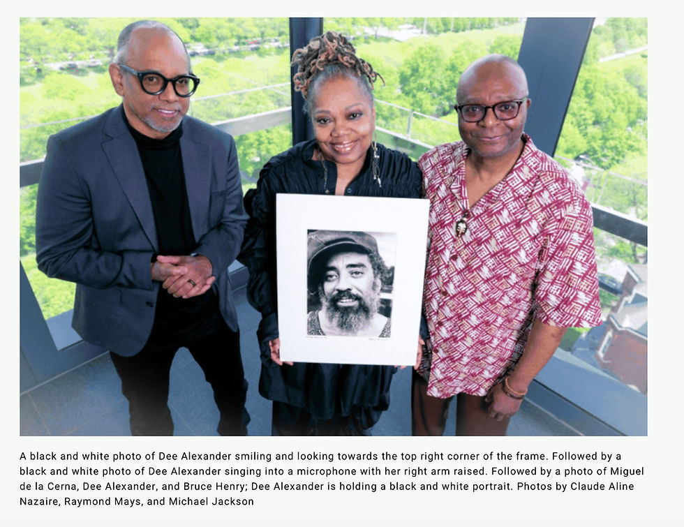 Miguel de la Cerna, Dee Alexander holding a portrait of Oscar Brown Jr., and Bruce Henry.