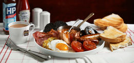 Full English breakfast with tea and toast