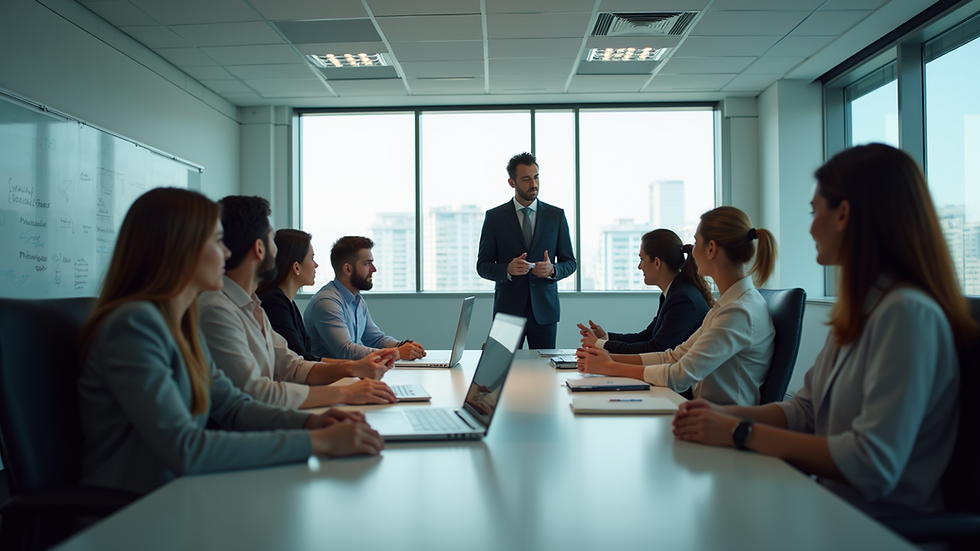 Wide angle view of an office environment with employees engaged in training activities