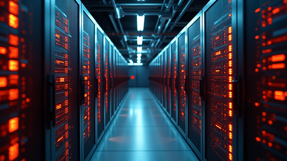 High angle view of a bustling data center with glowing servers