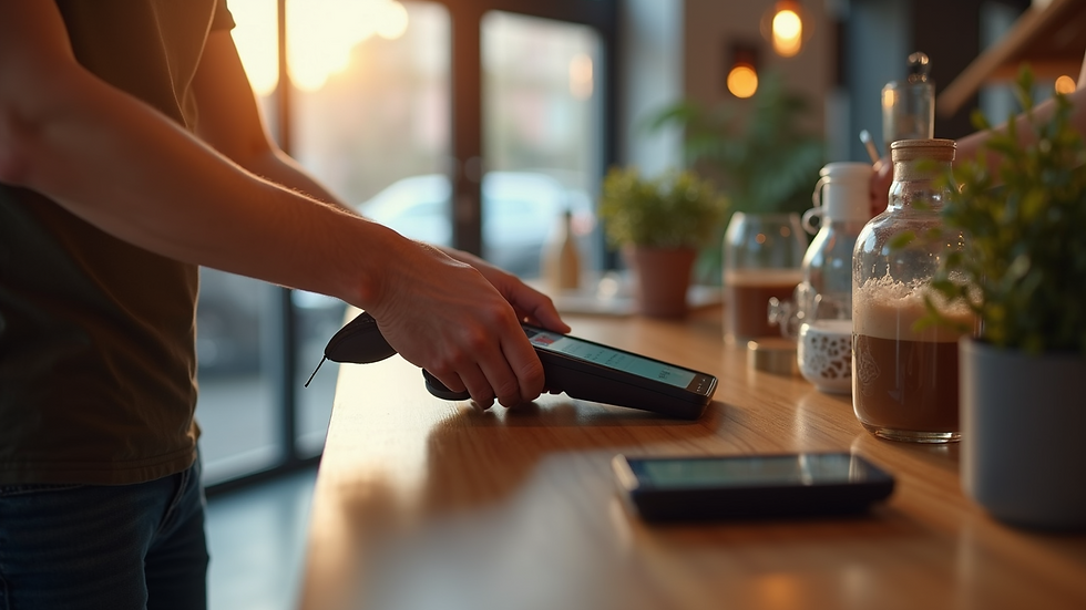 High angle view of a modern cafe with digital payments in use