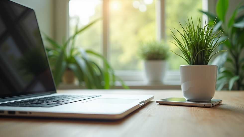Eye-level view of a peaceful workspace with green plants