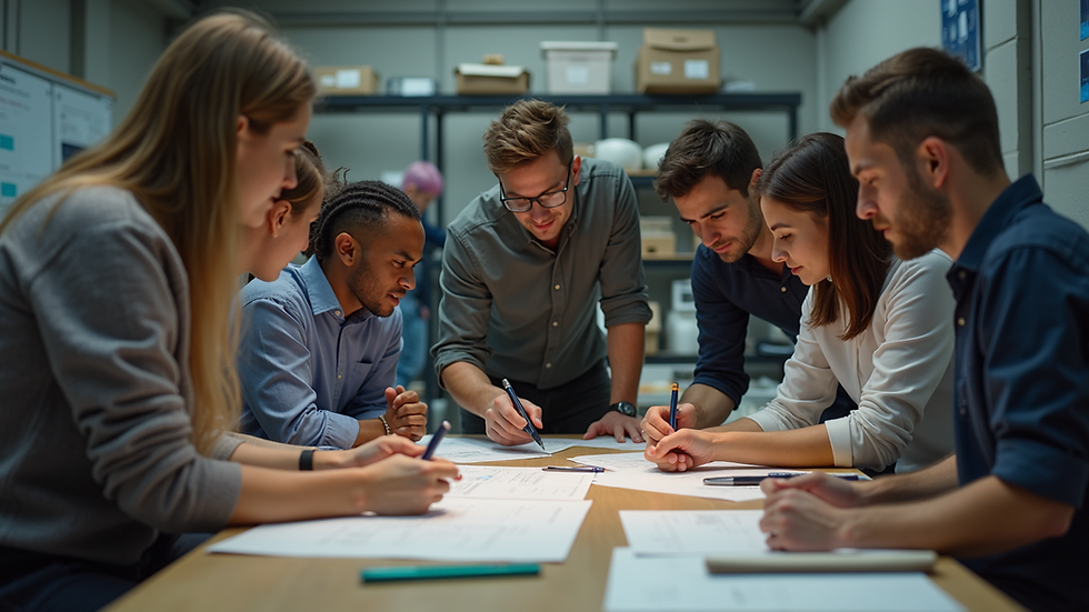 High angle view of a diverse team collaborating in a workshop