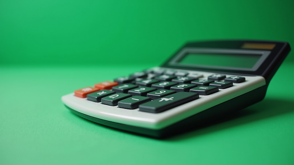 Close-up view of a modern financial calculator with a green background