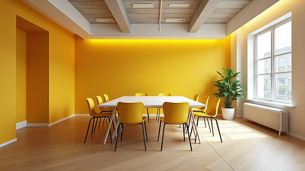 Wide angle view of a collaborative meeting room with yellow accents
