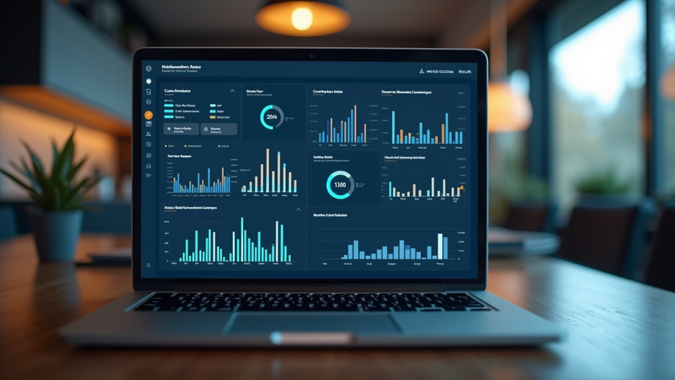 Eye-level view of a laptop showing data dashboards