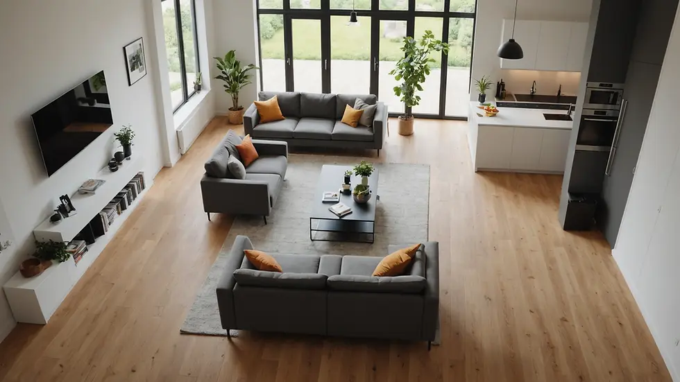 High angle view of a minimal open-plan living space