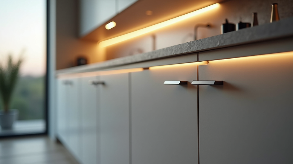 Close-up view of modern kitchen cabinetry with sleek handles and integrated lighting